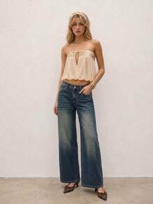 Women Mid‑Rise Vintage Faded Wide Leg Jeans, Dark Blue Washed Loose Floor‑Length Denim Trousers, Retro Street Style For Holiday Casual Daily Outfits - Blue - View 1