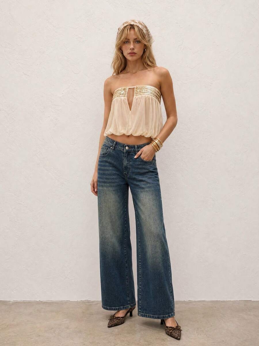 Women Mid‑Rise Vintage Faded Wide Leg Jeans, Dark Blue Washed Loose Floor‑Length Denim Trousers, Retro Street Style For Holiday Casual Daily Outfits - Blue - View 1