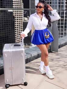 Aliling Women's Autumn Fashion Sporty Solid Color Tulip Shorts, Woven Breathable Fabric, Suitable For Daily Wear, Commuting, Outings, Shopping, Holiday Versatile Item - Blue - View 2