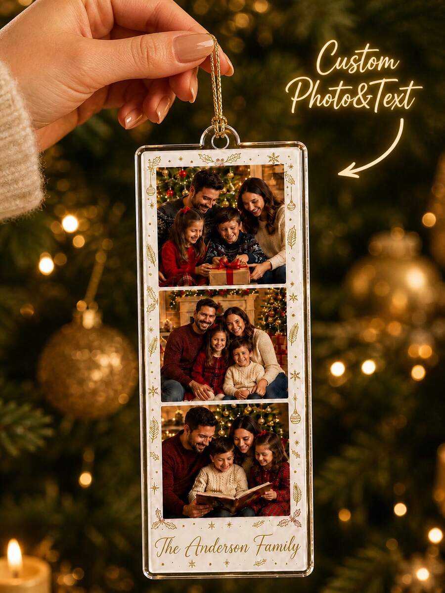 1pc Customized Photo Strip Christmas Ornament, Personalized Family Photo Acrylic Hanging Decor, Custom Quote & Name Keepsake, Christmas Tree Decoration, Christmas Gift - Multicolor - View 1