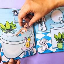 Blue Bathroom Girl Scene Quiet Busy Book DIY Handmade Craft Kit With Cutting, Role-Playing Game, Children's Life Cognition Hands-On Educational Toy, Holiday Gift - Multicolor - View 5