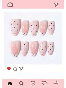 30pcs Y2K Long Almond Shape Press-On Nails, Beige Color, Polka Dot Pattern Design, Set Includes: 1pc Jelly Glue And 1pc Nail File. - Multicolor - View 3
