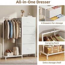 Dresser With Hanging Rack, Small Cloest With 4 Drawers, Tall Storage Tower With Clothse Rack, Sturdy Frame, Fabric Chest For Bedroom, White, 44''H - White - View 3