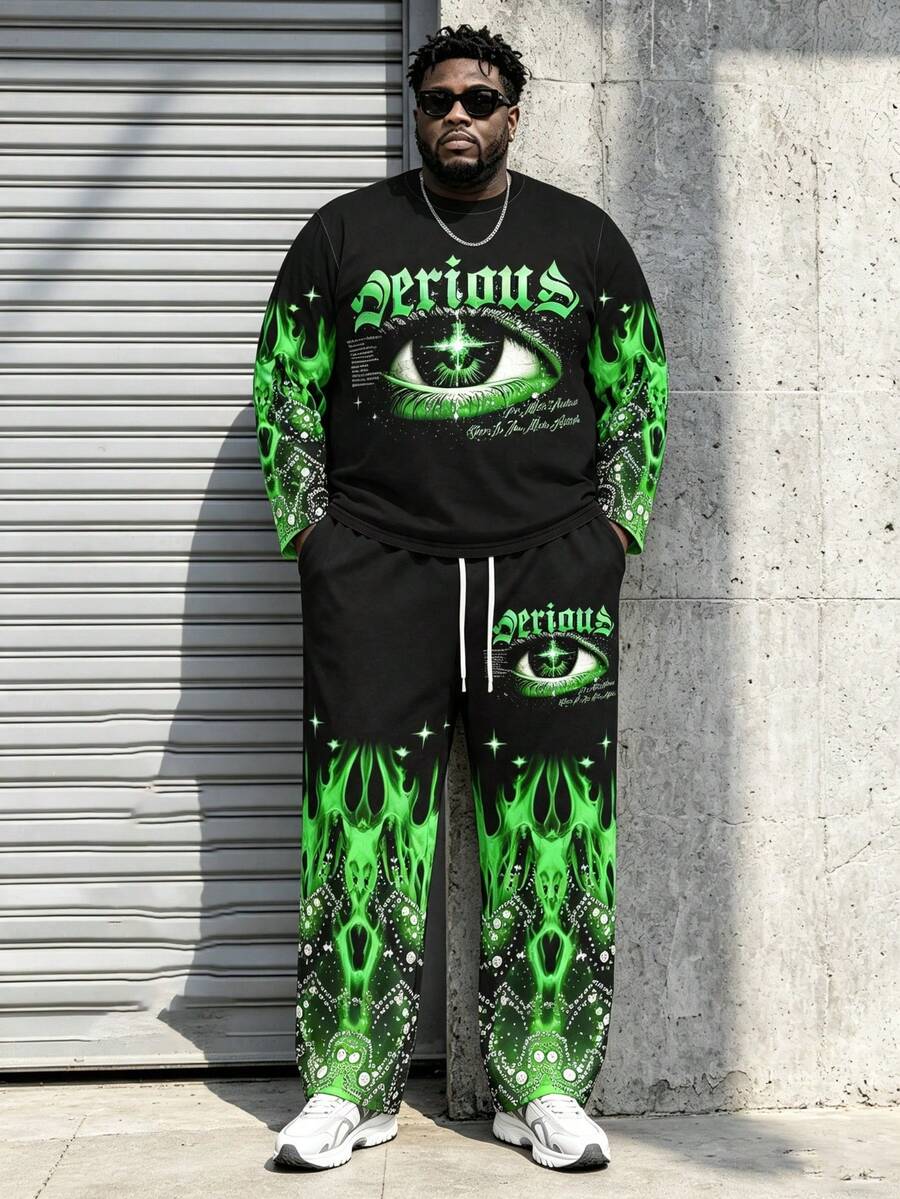 [2D Printed Pattern]Plus Size Men's 2 Pieces Set, Men's Wide Leg Pants, Long Sleeve Pattern T-Shirt, Streetwear "Green Flame Demon Eye Gothic English Faux Rhinestone Print" Pattern Set - Polyester Fabric, Drawstring, Pockets, Suitable For Plus Size - Black - View 1