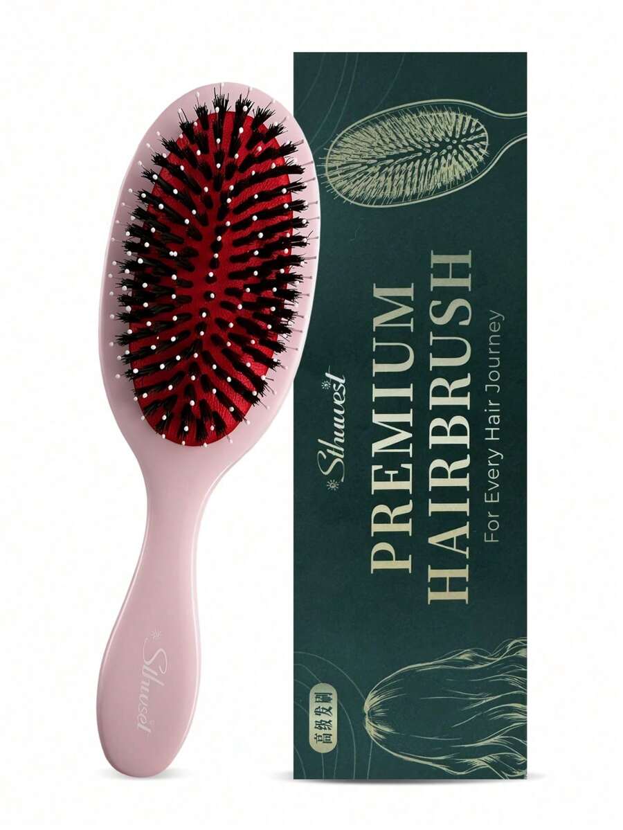 1pc Boar Bristle Hair Brush, Smooth & Shiny, Suitable For Oily Hair And Slick Back Hairstyles, Can Curl And Straighten, Natural Bristle, Unisex, Suitable For All Hair Types - Multicolor - View 1