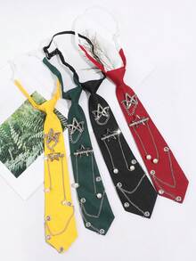 1Pc Men Yellow/Black/Green/Red Star Rhinestone Chain Pearl Decor Pre-Tied Cool Punk Necktie For Party Daily Wear - Multicolor - View 1