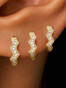 Conjunto de 6 piezas chapado en oro de 14k de otoño, elegante y lujoso, con pendientes de aro con diseño de rayo geométrico para mujeres. - Dorado - Ver 8