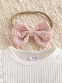 Autumn/Winter Baby Girl Cute White Flutter Sleeve Patchwork Pink Double Layer Ruffle Romper & Bow Socks & Bow Headband Holiday Gift Stylish Outfit - White - View 9