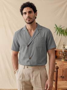 glestore Áo sơ mi nam phong cách retro "Old Money" màu trơn, cổ chéo, trang phục thường ngày thiết yếu cho vẻ ngoài du lịch thời thượng - Xám - Xem 4