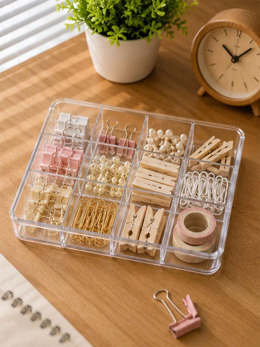 1pc Acrylic Transparent Divided Storage Box Desktop Organizer Box With Lid For Cosmetics Jewelry Storage - Multicolor - View 1