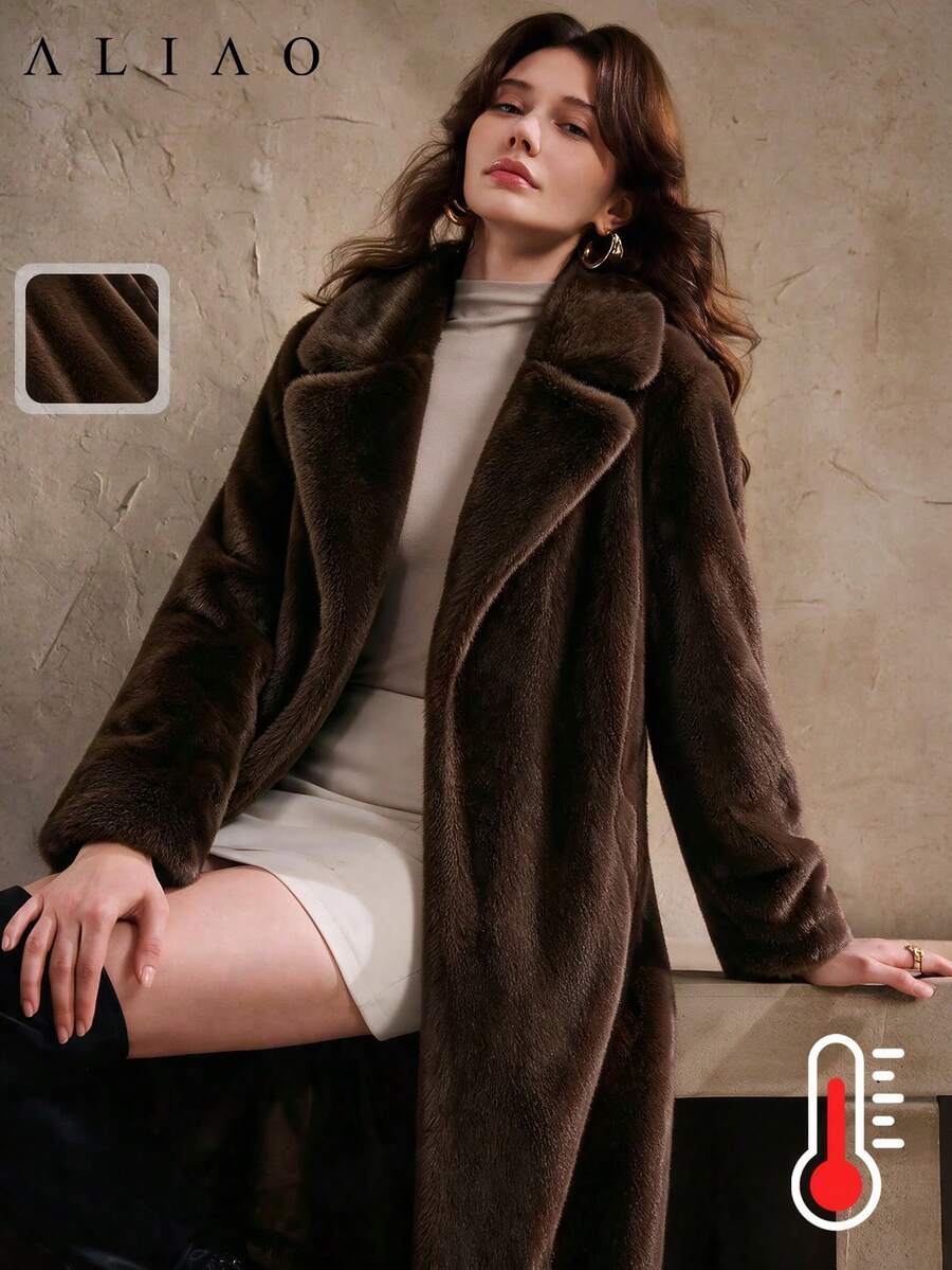 معطف فرو صناعي طويل أنيق ومتعدد الاستخدامات للنساء من ALIAO، لون موحد بأسلوب بسيط، مناسب للخريف/الشتاء - قهوة بني - مشاهدة 1