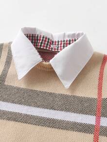 Tween Boys' Preppy Striped Detachable Shirt Collar Sweater, 2-In-1 Knit Pullover, Suitable For School Daily Wear, Spring, Autumn, Winter - Apricot - View 3