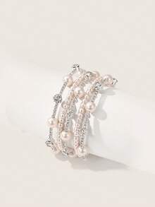 Valisandre 1pc New Fashion 5-Row Multi-Layer Crystal Pearl Twist Cuff Bracelet, Bridal Wedding Gift For Women And Girls - Silver - View 2