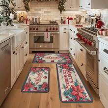1/2/3pcs Christmas Theme Kitchen Rug, Flannel Kitchen Mat, Comfortable Soft Absorbent Non-Slip Machine Washable With Non-Slip Backing, Multi-Functional Home Floor Mat For Entryway, Living Room, Bedroom, Kitchen, Dining Room, Bathroom, Laundry Room, Patio, Hallway, Christmas Holiday Home Decor - Multicolor - View 5