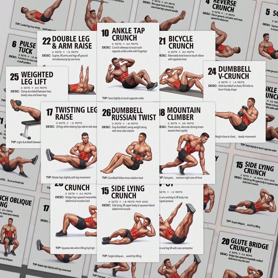 30pcs - Abdominal Workout Flash Cards, Beginner Men's Abdominal Training Guide Cards, Portable Home Fitness Core Training Instruction Cards, Beginner-Specific Indoor Abdominal Muscle Exercise Reference Cards - 30-pack Abs Workout Flash Cards - View 1