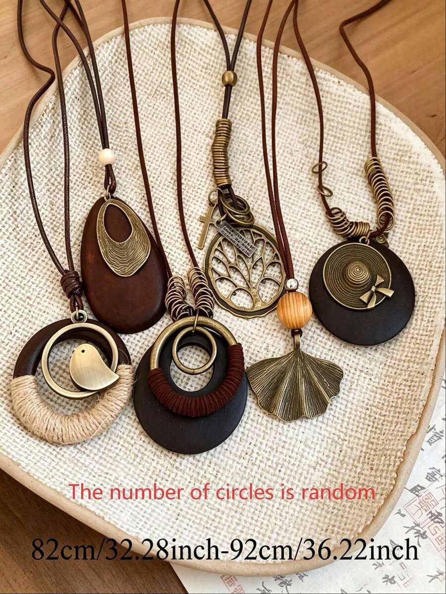 6pcs Bohemian Wood & Copper Pendant Leather Cord Necklace Set, Lightweight Vintage Versatile Wearable Accessories - Multicolor - View 1
