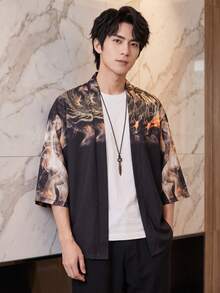 Dragon Print Men's Casual Fashion Kimono Shirt, Comfortable Lightweight Polyester Fabric, Suitable For All Seasons, Hand Washable Or Machine Washable, Perfect For Parties, Casual Wear, And Home - Black - View 6
