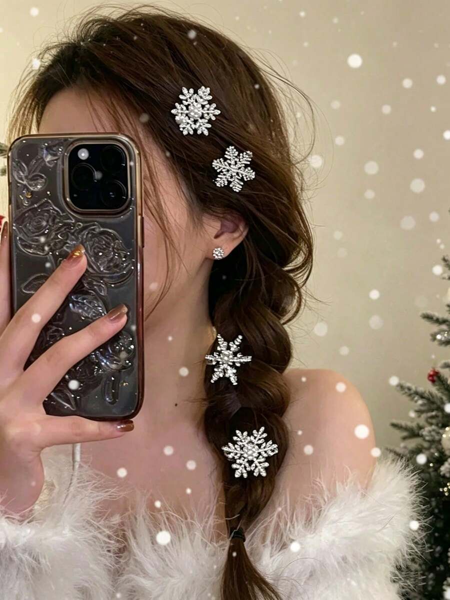 Christmas Snowflake Hair Clips, Rhinestone Pearl Alligator Barrettes, Holiday Hair Accessories For Women, Christmas Party Hair Styling