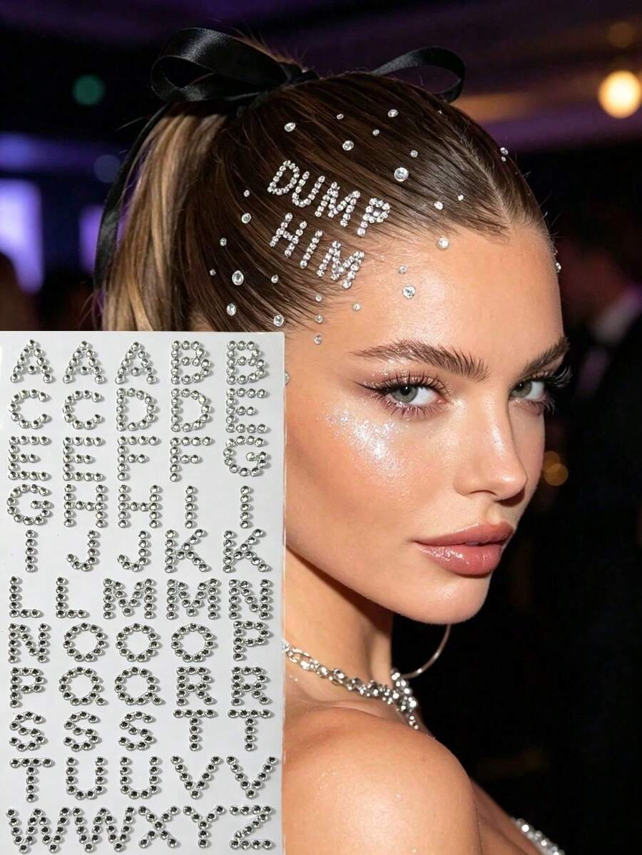 Rhinestone Letter Large Size Face Sticker Hair Accessory Set With Tweezers, 26 English Alphabet Self-Adhesive Rhinestone Stickers For Customizable Face And Hair Decoration - White - View 1