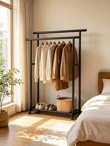 1 Pc Black Double‑Bar Movable Floor Coat Rack, High‑Low Double‑Bar Hanging Design, Bottom Storage Layer, Universal Casters For Easy Movement, Suitable For Bedrooms, Entrances And Cloakrooms To Hang Clothes And Bags - [Upgraded Thickened & Enlarged]Black - View 1