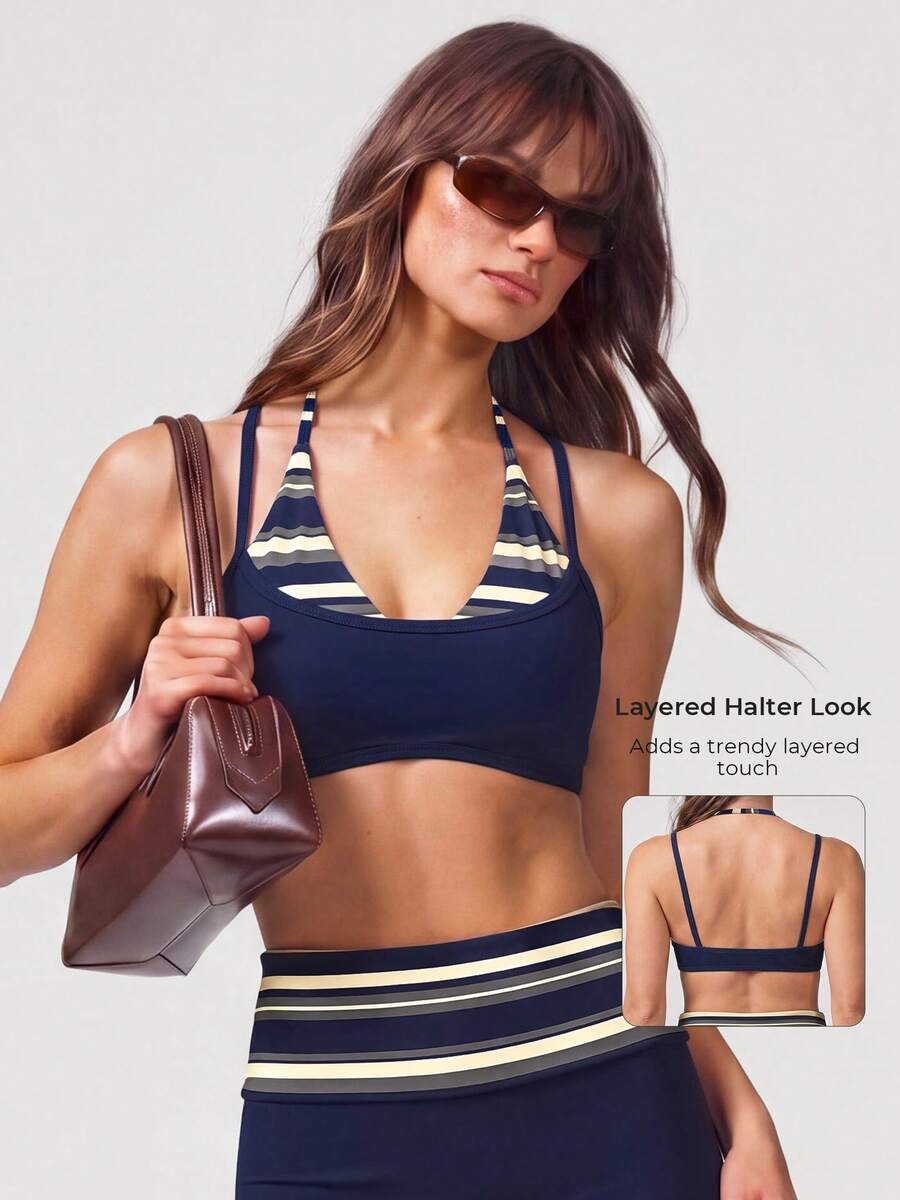 Women's 2 In 1 Contrast Stripe Halter Neck Double Strap V-Neck Padded Yoga Sports Bra, Backless Fitness Workout Bra - Blue - View 1