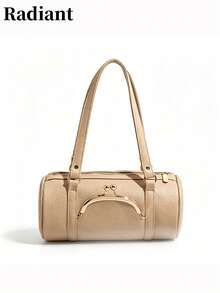 女款圓筒水桶肩背包，純色人造皮革，接吻鎖扣裝飾，拉鍊開合，休閒風格，適合女性日常、約會與旅行使用 - 卡其色 - 查看 9