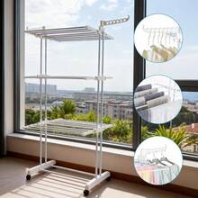 Shoze Foldable 3‑Tier Stainless Steel Laundry Drying Stand, Mobile Clothes Rack With Side Wings And Built‑In Wheels - White - View 2