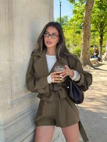 Women's Elegant Tie-Front Jacket And Shorts 2-Piece Set Casual Autumn Winter Spring Outfit - Brown - View 5