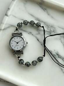 1pc Women's Silver-Tone Beaded Bracelet Watch, Ink-Texture Round Bead Woven Adjustable Strap, Minimalist Round Digital Quartz Dial, Industrial Niche Design Silver Jewelry Set, Suitable For Summer Daily, Graduation Party, Commute And Other Occasions, Exquisite Texture Women's Accessory, Perfect Gift For Graduation, Holiday, Girls And Women - Multicolor - View 3