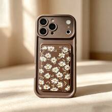 1pc Ins Stair Frame + Card Holder Floral Pattern Phone Case, Compatible With 17 16 15 14 13 12 11 Pro Max, Transparent Phone Protective Cover Waterproof Shockproof Scratch-Resistant - Brown - View 3