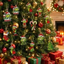 The Grinch 12pcs Christmas Hanging Decoration Set, Fun Christmas Tree Ornaments With Gift, Candy Cane And Sock Patterns, Holiday Party Hanging Decorations, Christmas Tree Pendants, Holiday Home Decor And Christmas Gifts - A - View 2