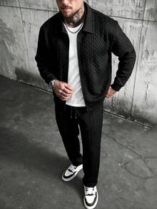 Men's Solid Color Textured Collar Zip-Up Knit 2 Pieces Set With Straight Leg Casual Pants - Black - View 1