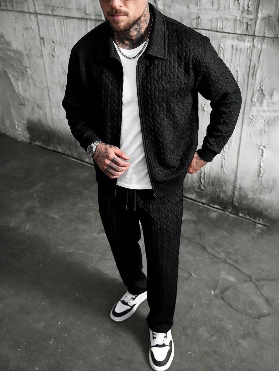 Men's Solid Color Textured Collar Zip-Up Knit 2 Pieces Set With Straight Leg Casual Pants - Black - View 1