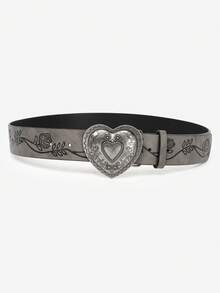 1pc Heart Buckle Western Style Belt, Embossed Faux Leather, Bohemian Style, Suitable For Girls' Jeans, Dresses, Daily And Holiday Outfits - Belt - View 2