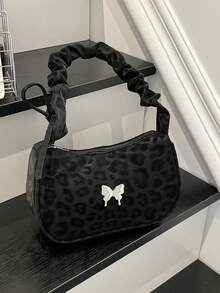 1pc Vintage Style Leopard Print Shoulder Bag, Ruched Strap With Metal Butterfly Decor Crescent Bag, Faux Suede Zipper Underarm Bag, Lightweight Handbag, Suitable For Girls/Children/Students, Applicable For Daily Commute/Street Outing/Shopping Date/ Outfit - Multicolor - View 12