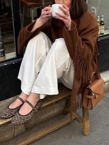 Women's Fashion New Elegant Tassel Open Front Coat Jacket, Long Sleeve Dropped Shoulder Woven Fabric, Suitable For Autumn Daily Wear - Coffee Brown - View 4