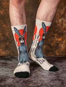 1/3 Pairs Funny Rabbit Cartoon Jacquard Mid-Calf Socks, Halloween Street Style Creative Colorful Artistic Illustration Men's Socks - Multicolor - View 5