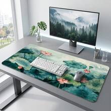 Lotus Pond Ink Art Pattern Extra Long Gaming Mouse Pad & Desk Mat Set, Non-Slip Durable Rubber Base, Smooth Surface, Suitable For PC Laptop Office Home, Abstract Art Decor, Back To School Supplies - A - View 10