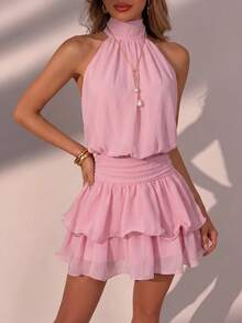 Elegant Fashion Pink Halter Neck Backless Layered Ruffle Mini Dress Wedding Party Fall - Pink - View 3