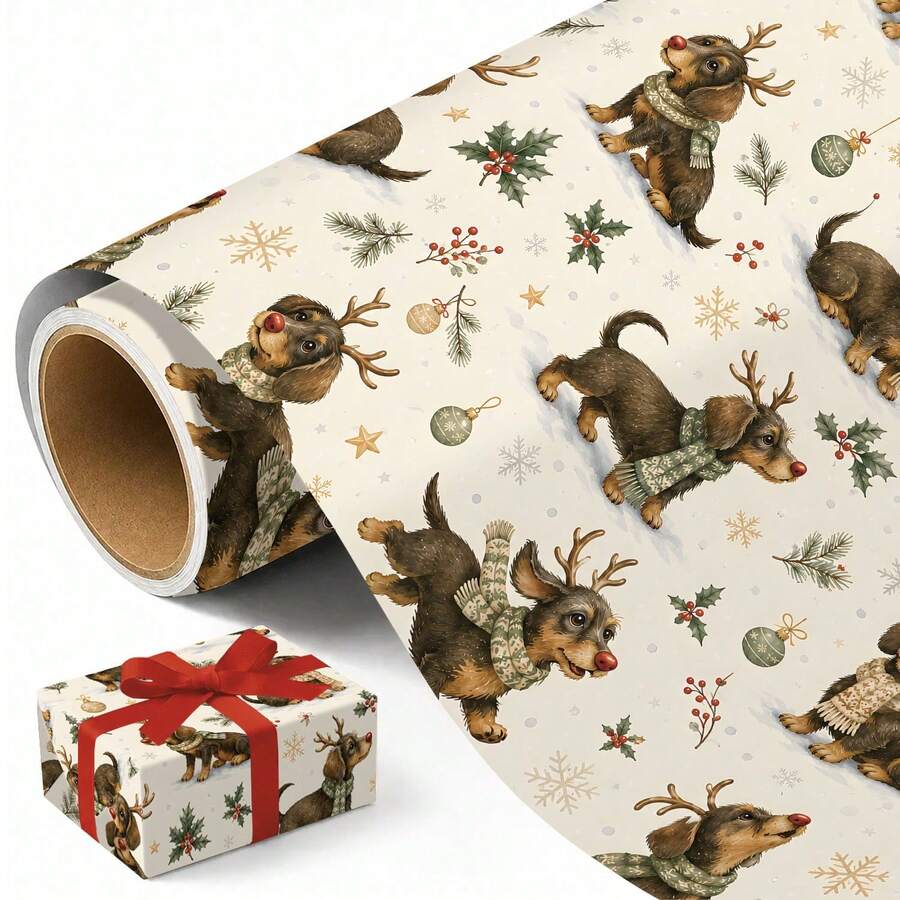 1set Cute Dachshund Christmas Wrapping Paper(Includes Stickers), Vintage Holiday Gift Wrap With Reindeer Dogs, Snowflakes Design For Xmas Gifts, Dog Lovers, Making Party Decorations, And Birthday Presents - Puppy - View 1