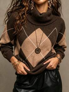 Plus Size Casual Fashion Colorblock Argyle Long Sleeve Knit Pullover Sweater - Brown - View 6