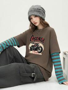 JUTU Women's Autumn/Winter Round Neck Loose Letter Print Striped 2-In-1 Long Sleeve T-Shirt, American Retro Casual Daily Commute Top - Brown - View 2