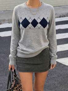 1pc Women's Spring/Autumn/Winter Grey Argyle Plaid Crew Neck Pullover Long Sleeve Knit Sweater Top, Inner Layer Knit Base Layer Top, Machine Washable - Grey - View 2