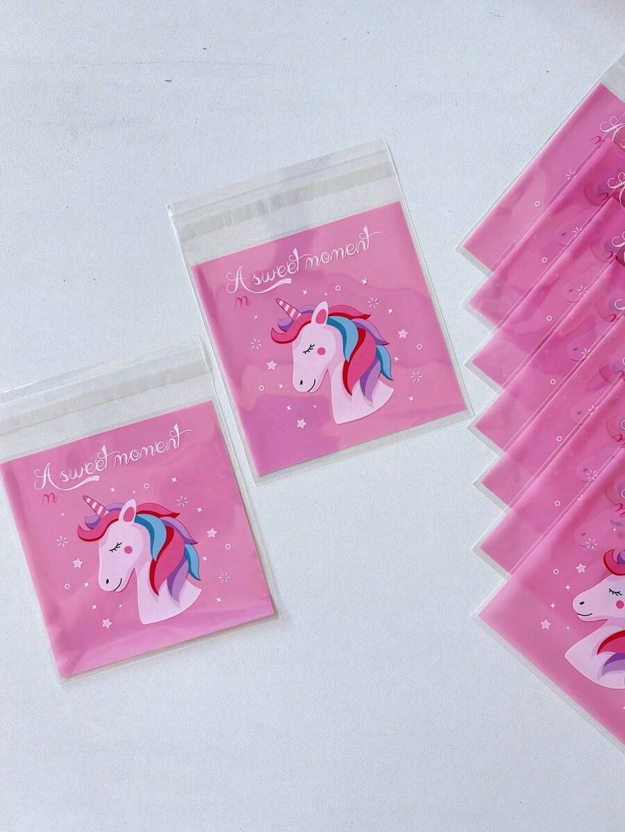 100/50/1pc(7*7cm) Cookie Packaging Bags, Candy Packaging Bags, Unicorn Pattern Packaging Bags, Self-Adhesive Packaging Bags - Pink - View 1