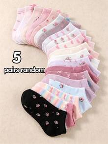 1/5/10/20 Pairs Random Cute Floral Bow Print Ankle Socks, Halloween Fall Clothes For Little Girls Sweet Pastel Color Daily Wear Socks For Girls - Multicolor - View 18