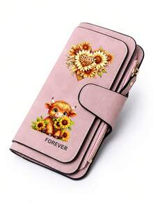 Printed Pu Wallet With Scottish Highland Bull Hug Sunflower And Leopard Print Heart-Shaped Floral Pattern, Can Be Used As A Wallet, Card Bag, Handbag, And Multifunctional Storage Bag. It's The Perfect Gift For Birthdays, Thanksgiving, And Christmas,Travel Essential - Multicolor - View 11