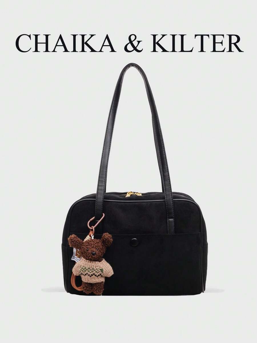CHAIKA & KILTER 1pc Solid Color Suede Fabric Shoulder Bag Women's Vintage Fashion Matte Bowling Bag With Contrast Quilted Stitching, Double Handle Design, Zipper Closure, Suitable For Daily And Outing Use (With Pendant)