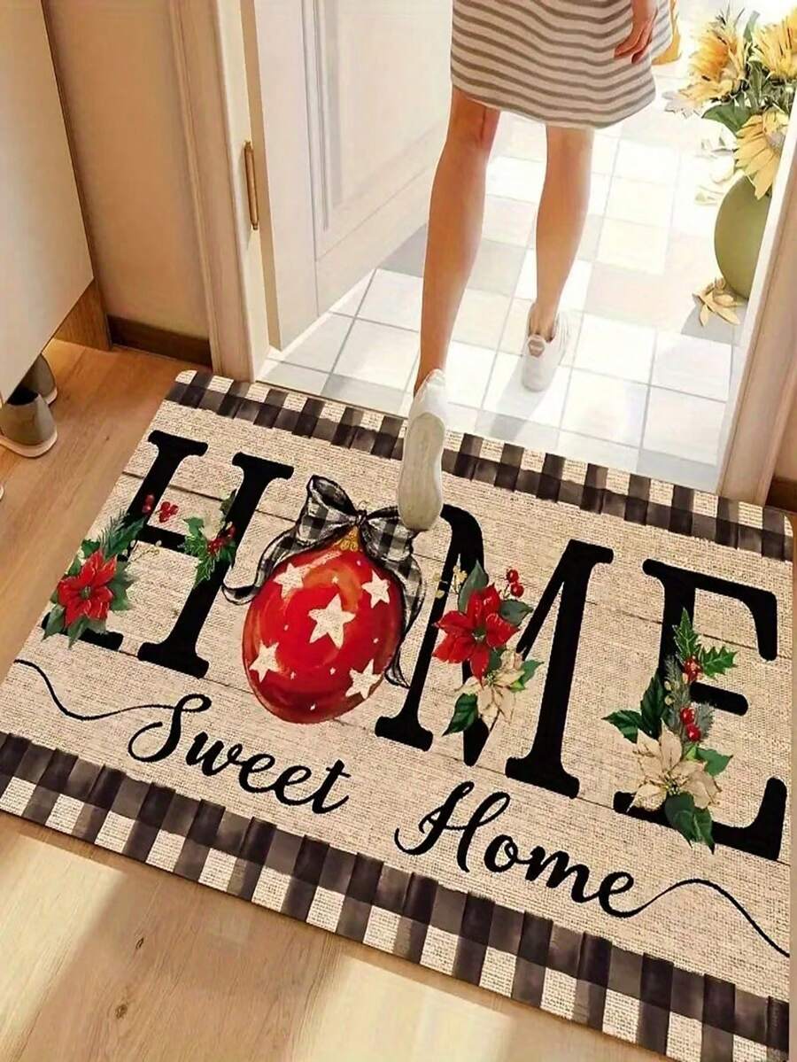 1pc Christmas HOME Happy Door Mat - Red And Green Decorative Holiday Design Doormat, Made Of Crystal Velvet Material, Suitable For Indoor/Outdoor Entrance Decoration, Perfect Christmas Home Decor, Can Be Used In Living Room, Sofa Front, Bed Front, Kitchen, Hallway, Bathroom, Bedroom, Holiday Decoration, Christmas Decorative Rug - Christmas - View 1