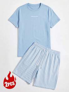 Men's Summer Crew Neck Casual T-Shirt And Casual Shorts Loungewear Set - Baby Blue - View 4