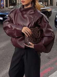 Autumn/Winter Solid Color Asymmetric Button Lapel Long Sleeve Loose PU Leather Jacket, Urban Street Style Fashion Outerwear - Burgundy - View 5